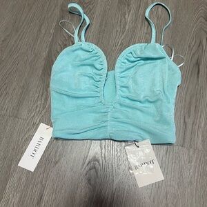 Bardot Shimmery Aqua Ruched Sweetheart Crop Top